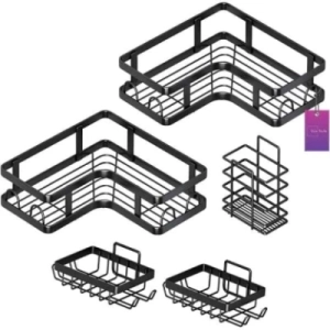 5-Piece Bathroom Corner Shower Caddy Set – Black Steel Storage Organiser for Cosmetics & T