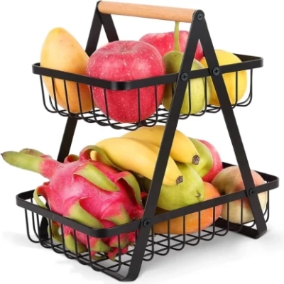 2-Tier Metal Fruit Basket – Iron Kitchen Storage & Produce Organizer
